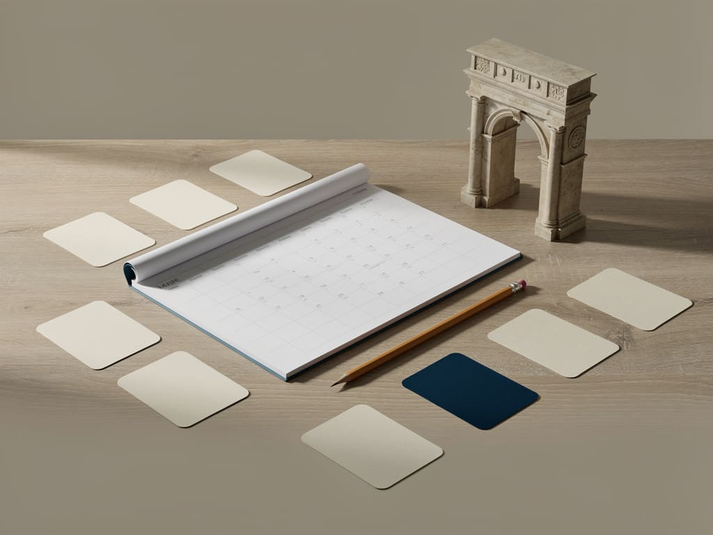 Calendar and palace visit materials arranged on a planning desk