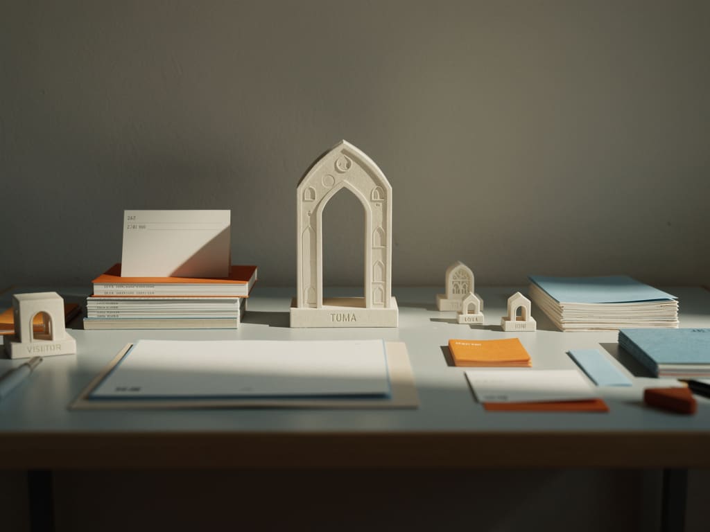 Date cards and visitor-count materials on a compact studio desk