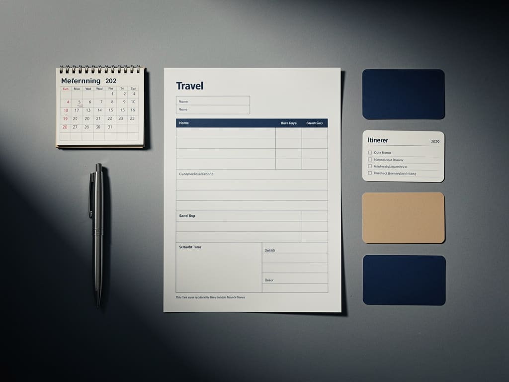 Blank visit form, calendar, and itinerary cards on a planning desk
